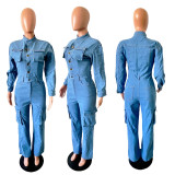 Long Sleeve Multi-Pocket Washed Denim Jumpsuit GKNF-3570