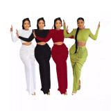 Solid Color Pleated Drawstring Long Skirt Suit MUE-M8075