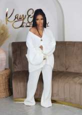 V-Neck Buttoned Cardigan Wide Leg Pants Sweater Set GCNF-0224