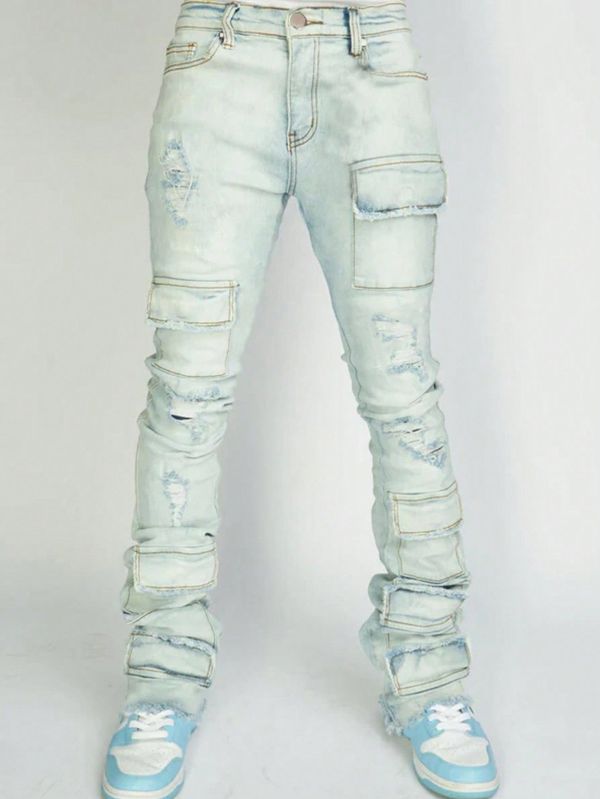 Men's Fashion Holes Denim Zipper Stacked Jeans GDMY-MGD1090