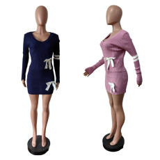 V Neck Knits Long Sleeve Bow Tie Skirts Set MEM-MZ88598