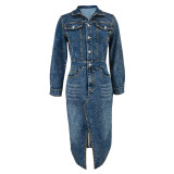 Lapel Button Long Sleeve Split Denim Maxi Dress GDAM-218621