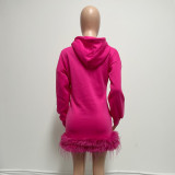 Feather Patchwork Long Sleeve Hooded Mini Dress QYXZ-GT9153