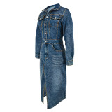 Lapel Button Long Sleeve Split Denim Maxi Dress GDAM-218621