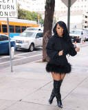 Feather Patchwork Long Sleeve Hooded Mini Dress QYXZ-GT9153
