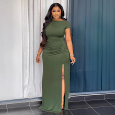 Short Sleeve Solid Color Split Maxi Dress GYLY-10529