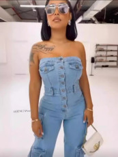 Single-breasted Wrap Chest Denim Jumpsuit GADE-9825
