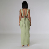 Solid Color Sleeveless Tie Up Backless Long Skint Set YF-10751