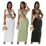 Solid Color Sleeveless Tie Up Backless Long Skint Set YF-10751