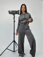 Solid Color Long Sleeve Hooded Two Piece Pants Set MIL-T083 