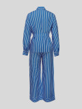Print Stripe Long Sleeve Tie Up Two Piece Pants Set MIL-T091 
