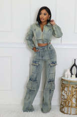 Denim Washed Long Sleeve Zipper Two Piece Set NYF-8182