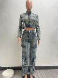 Denim Washed Long Sleeve Zipper Two Piece Set NYF-8182