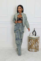 Denim Washed Long Sleeve Zipper Two Piece Set NYF-8182