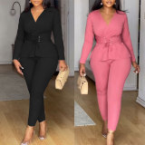 Solid Color V Neck Long Sleeve Two Piece Set NY-S10913