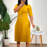 Solid Color V Neck Press Pleated Midi Dress(With Belt) GMLF-D3296