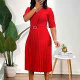 Solid Color V Neck Press Pleated Midi Dress(With Belt) GMLF-D3296