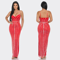 Solid Color Sling Hot Drill Maxi Dress GOSD-OS7031