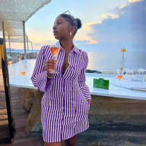 Stripe Print Long Sleeve Shirt Dress QOUY-M6002