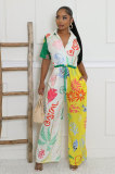 Print Color Block Wide Leg Jumpsuit XHXF-8707