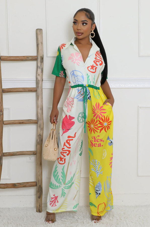 Print Color Block Wide Leg Jumpsuit XHXF-8707