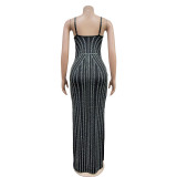 Solid Color Sling Hot Drill Maxi Dress GOSD-OS7031