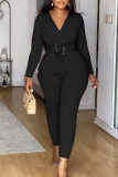 Solid Color V Neck Long Sleeve Two Piece Set NY-S10913