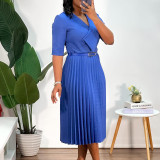 Solid Color V Neck Press Pleated Midi Dress(With Belt) GMLF-D3296