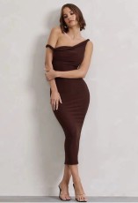 Slash Neck Pleated Slim Maxi Dress QOUY-M6030