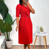 Solid Color V Neck Press Pleated Midi Dress(With Belt) GMLF-D3296