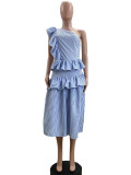 Slant Shoulder Vintage Ruffle Stripe Dress QOUY-M6037
