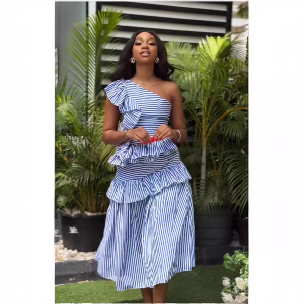 Slant Shoulder Vintage Ruffle Stripe Dress QOUY-M6037