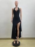 Deep V Neck Halter Backless Split Maxi Dress QOUY-M6032