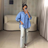 Stripe Print Long Sleeve Loose Shirt QOUY-M6021