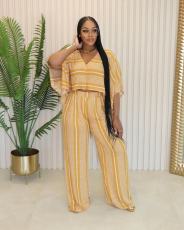 V Neck Print Loose Two Piece Pants Set QOUY-M6026