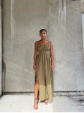 Solid Color Blackless Tie Up Maxi Dress QOUY-M6035