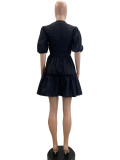 V-neck Bubble Sleeve Patchwork A-line Dress QOUY-M6040