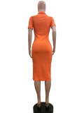 Solid Color Lapel Neck Split Midi Dress QOUY-6031