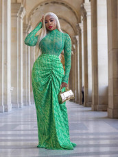 Mesh Long Sleeve Tops And Long Skirts Two Piece Set QODY-6050