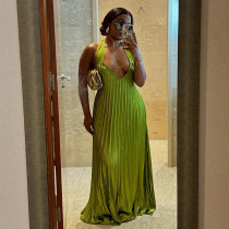 Halter V Neck Backless Pleated Maxi Dress GCNE-7637