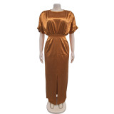 Short Sleeve Belted Solid Color Maxi Dress BY-C7103