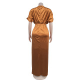 Short Sleeve Belted Solid Color Maxi Dress BY-C7103