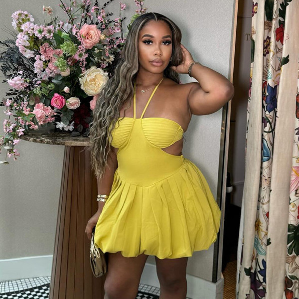 Solid Color Pleated Halter Mini Dress GCNE-7675