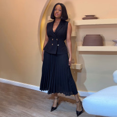 Suit Collar Vest Top Pleated Half Body Skirt Set GCNE-7349