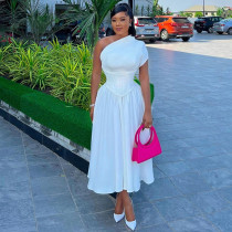 Slash Neck Short Sleeve Solid Midi Dress GCNE-7064
