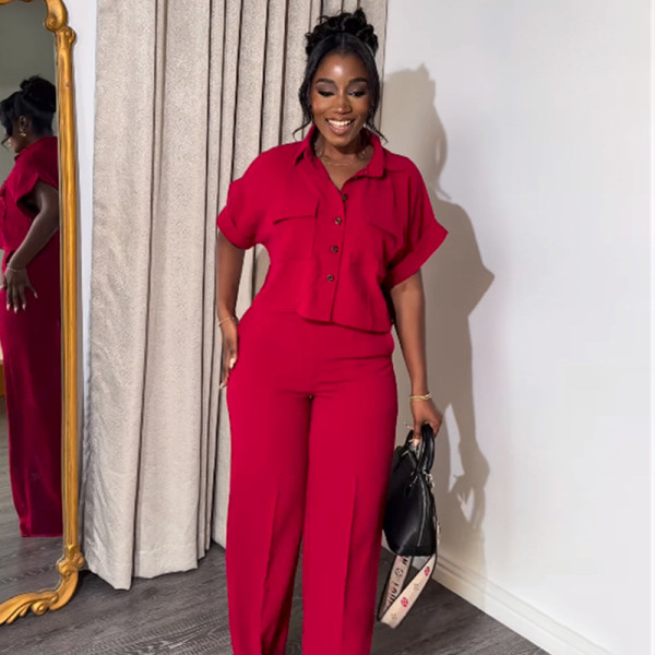 Solid Color Short Sleeve Shirt Loose Pants Suit GCNE-7043
