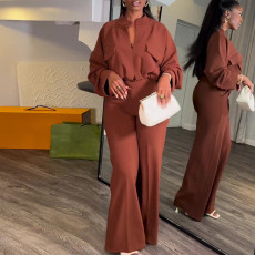 Solid Color Long Sleeve Wide Leg Pants Suit GCNE-6993