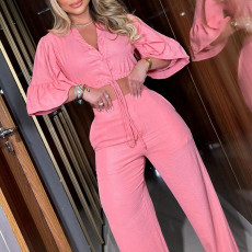 V Neck Flare Sleeve Tie Up Tops Loose Two Piece Pants Set GCNE-6851