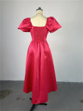 Square Neck Bubble Sleeve Solid Midi Dress GCNE-7124