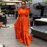 Solid Color Ruflles Short Sleeve Maxi Dress GCNE-7449